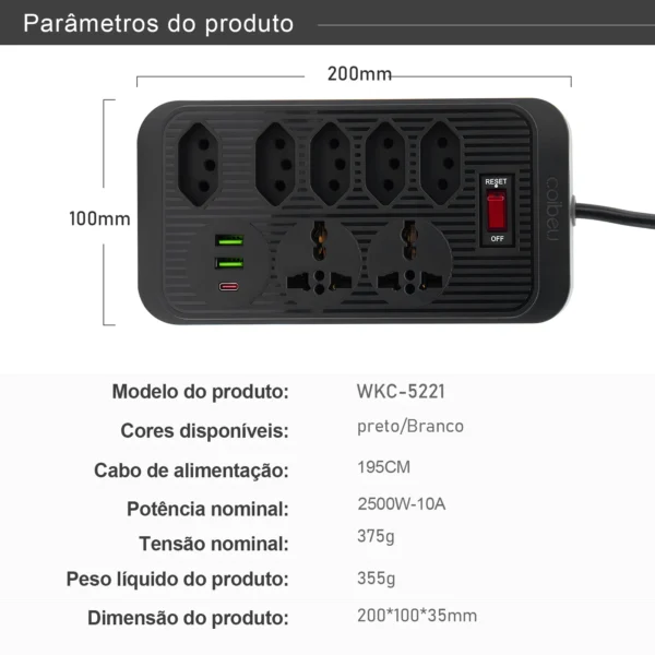 Tomada, Filtro de Linha, Tomada de Extensão, Extensão Elétrica, Tomada USB, Filtro de Tomada de Energia, Extensão Elétrica, 10A - Imagem 9